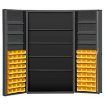 Durham DC48-724S6DS-95 14 Gauge Lockable Cabinet with 72 Yellow Hook on Bins & 4 Adjustable Shelves & 6 Door Shelves, Gray - 48 x 24 x 72 in.