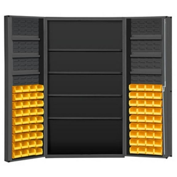Durham DC48-724S6DS-95 14 Gauge Lockable Cabinet with 72 Yellow Hook on Bins & 4 Adjustable Shelves & 6 Door Shelves, Gray - 48 x 24 x 72 in.