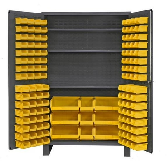 Durham JC-137-3S-95 14 Gauge Flush Door Style Lockable Cabinet with 137 Yellow Hook on Bins & 3 Adjustable Shelves, Gray - 48 in.