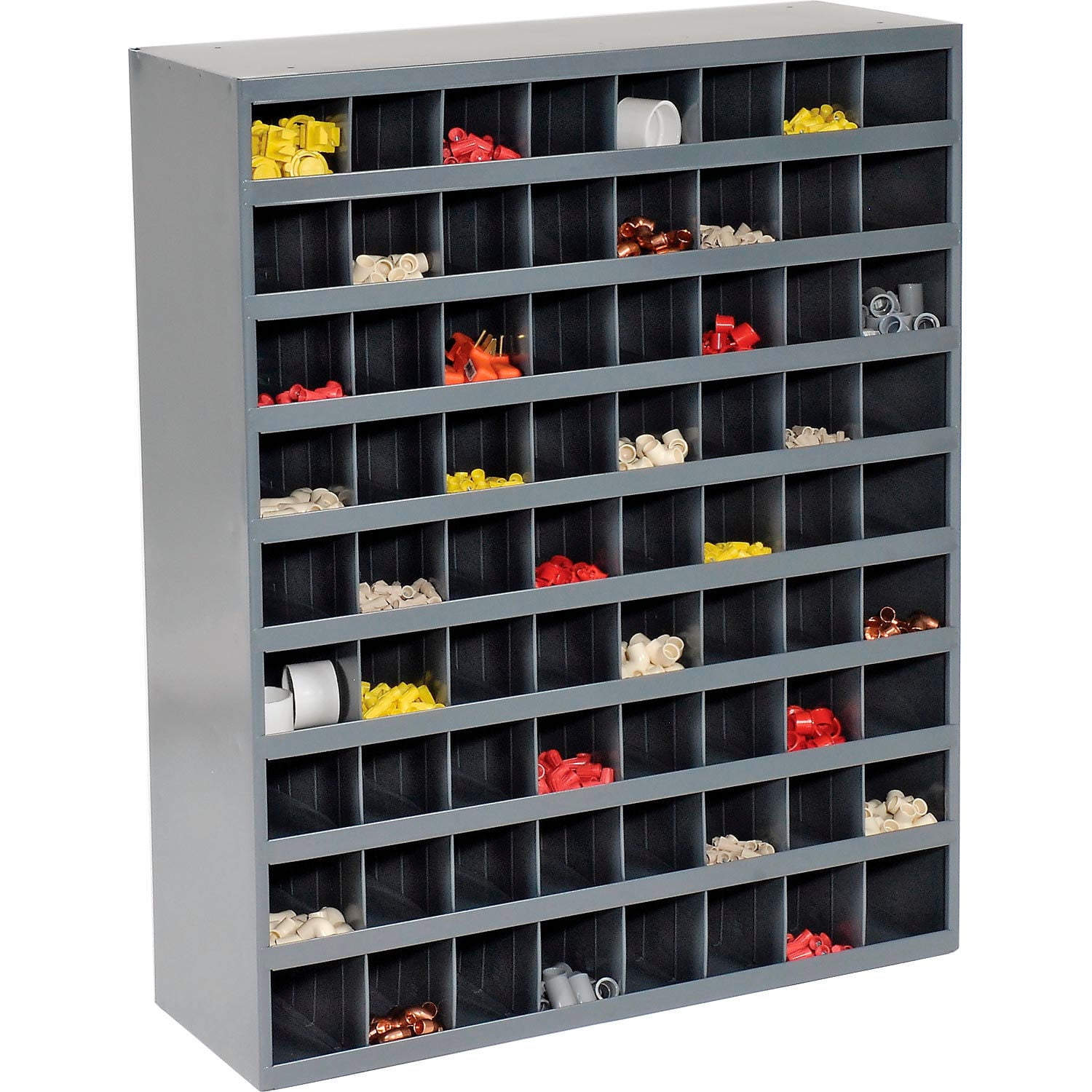 Modern Grey 72-Compartment Steel Storage Unit with Sloped Shelves
