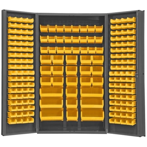 Durham SJC-BDLP-192-95 14 Gauge Deep Style Lockable Double Door Cabinet with 192 Yellow Hook on Bins, Gray - 48 in.