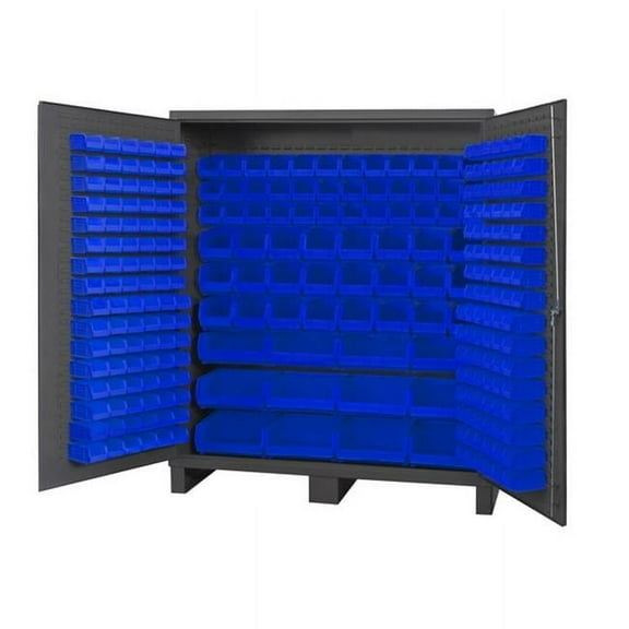 Durham SSC-722484-BDLP-264-5295 14 Gauge Flush Style Lockable Double Door Storage Cabinet with 264 Blue Hook on Bins, Gray - 72 in.