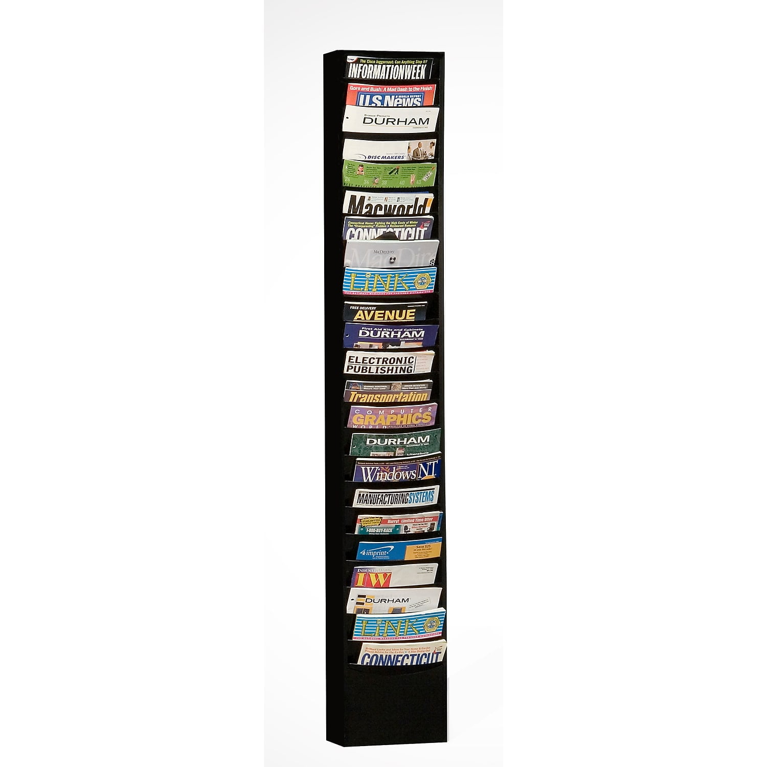 Black Steel 65.5'' Vertical Magazine Rack with 23 Pockets