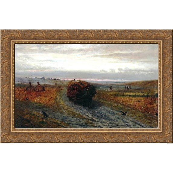 During Haying 24x18 Gold Ornate Wood Framed Canvas Art by Efim Volkov