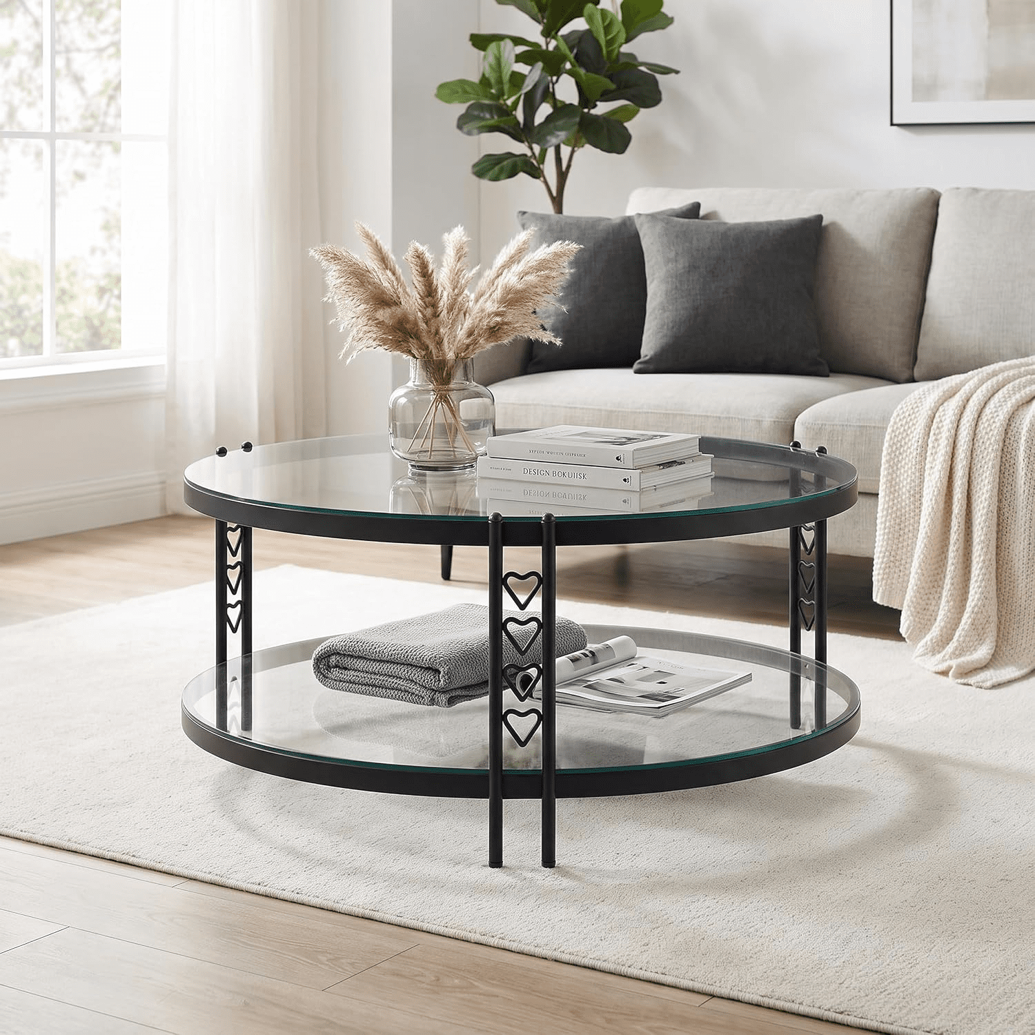 DURISEN 36 inch Round Glass Coffee Table, 2-Tier Modern Center Table ...