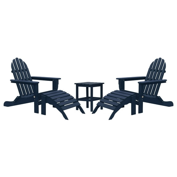 DuroGreen 5-Pc Folding Adirondack Chair Set, 2 Chairs, 2 Ottomans, and 1 Side Table Made With All-Weather Tangent Lumber, Oversized, High End Patio Furniture, No Maintenance, USA Made, Navy