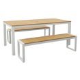 thumbnail image 1 of DuroGreen Park City 72" Rectangular 3-Pc Outdoor Dining Set, 1 Dining Table/2 Benches Made With All-Weather Tangent Sustainable Lumber, High End Patio Furniture, White with Natural Teak, 1 of 7