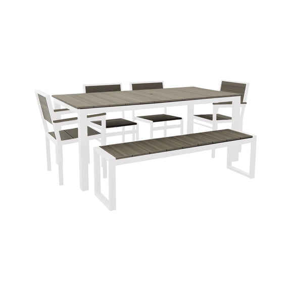 DuroGreen Park City 72" Rectangular 6-Pc Outdoor Dining Set, 1 Table/1 Bench/4 Chairs Made With All-Weather Tangent Sustainable Lumber, High End Patio Furniture, White with Coastal Gray