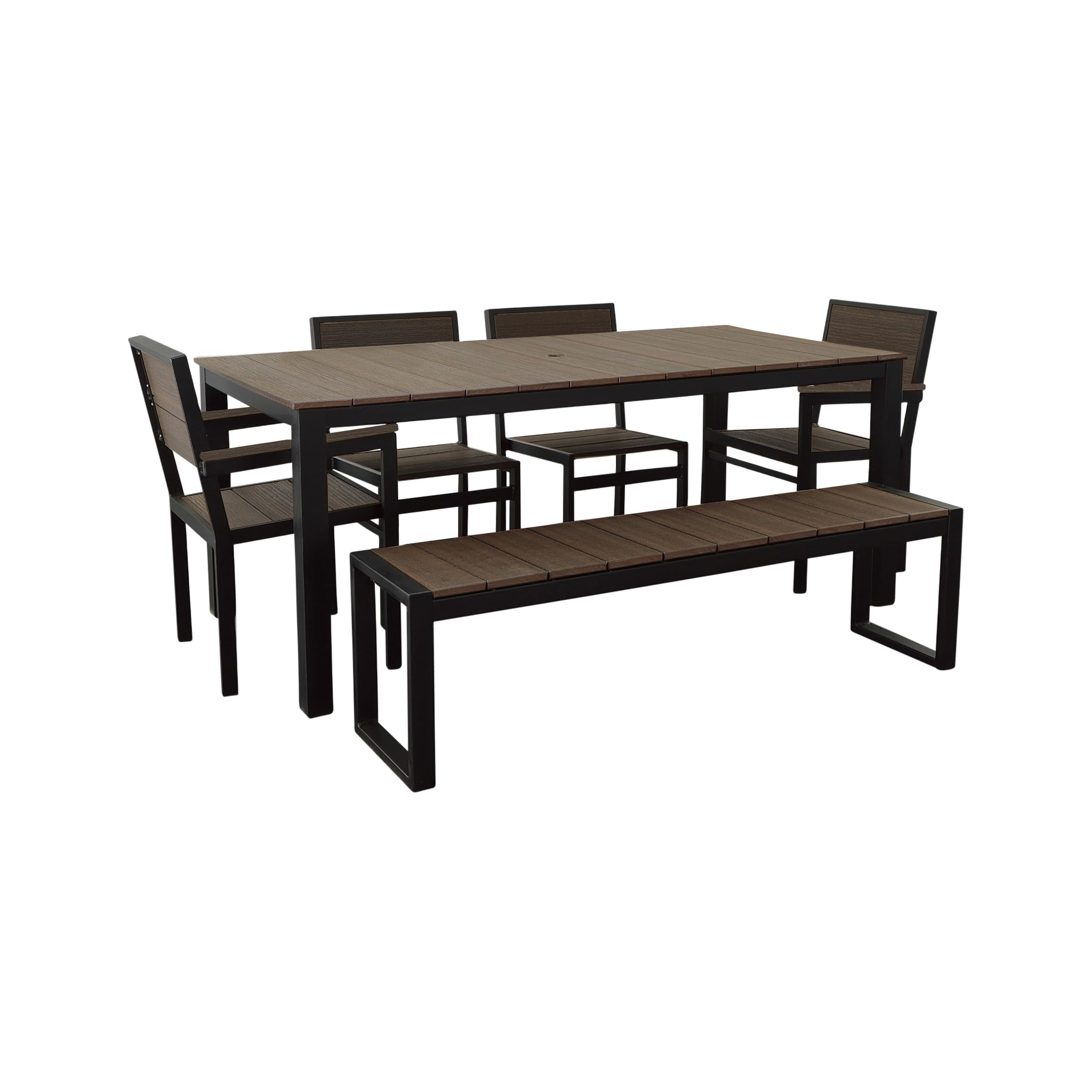 DuroGreen Park City 72" Rectangular 6-Pc Outdoor Dining Set, 1 Table/1 Bench/4 Chairs Made with All-Weather Tangent Sustainable Lumber, High End Patio Furniture, Black with Brazilian Walnut