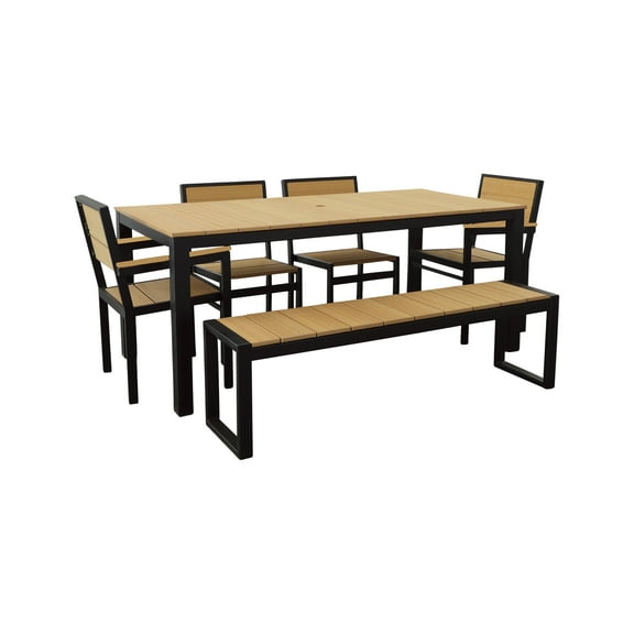 DuroGreen Park City 72" Rectangular 6-Pc Outdoor Dining Set, 1 Table/1 Bench/4 Chairs Made with All-Weather Tangent Sustainable Lumber, High End Patio Furniture, Black with Natural Teak