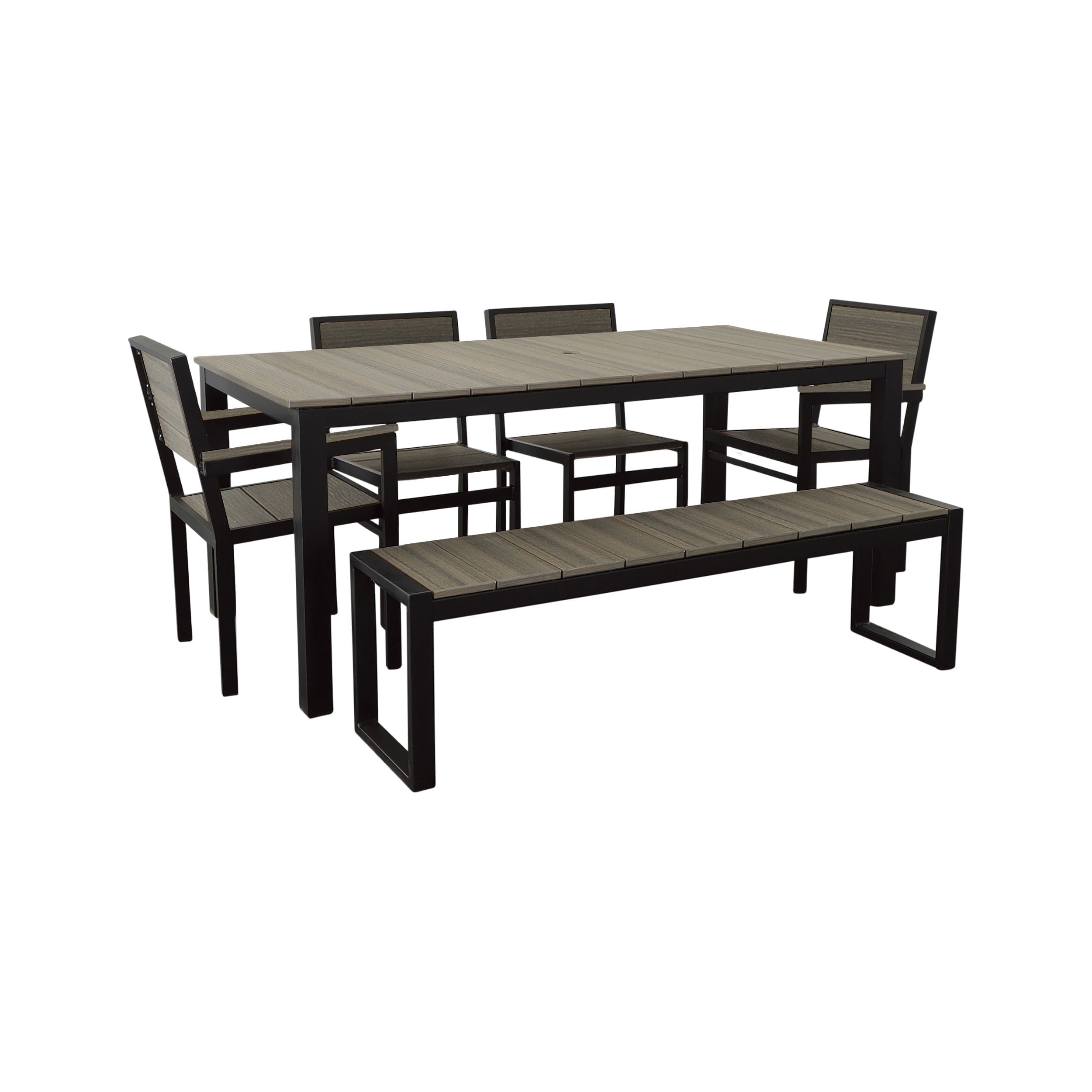 DuroGreen Park City 72" Rectangular 6-Pc Outdoor Dining Set, 1 Table/1 Bench/4 Chairs Made With All-Weather Tangent Sustainable Lumber, High End Patio Furniture, Black with Coastal Gray