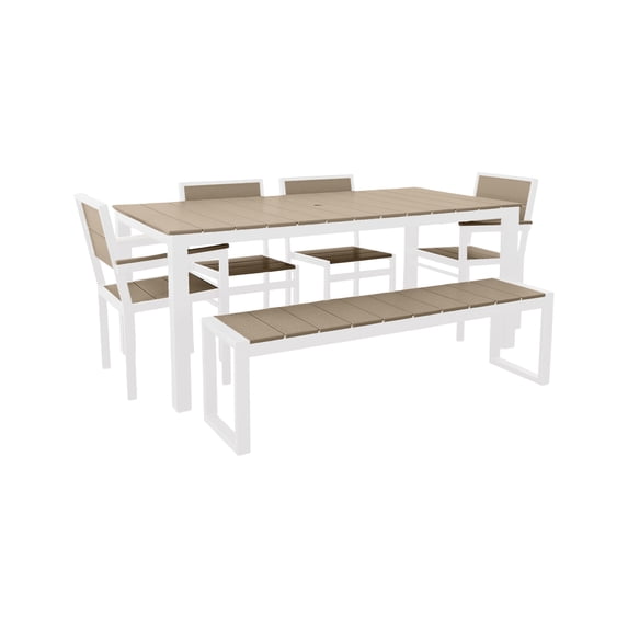DuroGreen Park City 72" Rectangular 6-Pc Outdoor Dining Set, 1 Table/1 Bench/4 Chairs Made With All-Weather Tangent lumber, High End Patio Furniture, Easy Assembly, US Made, White with Weathered Wood