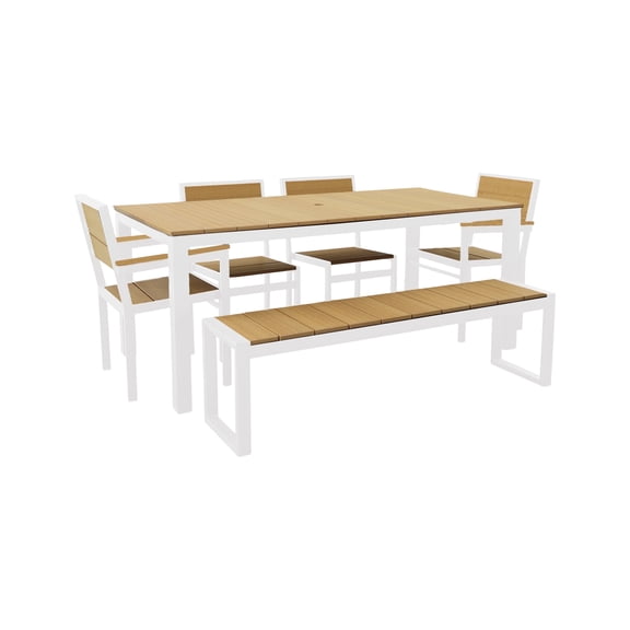 DuroGreen Park City 72" Rectangular 6-Pc Outdoor Dining Set, 1 Table/1 Bench/4 Chairs Made With All-Weather Tangentwood, High End Patio Furniture, Easy Assembly, USA Made, White with Natural Teak