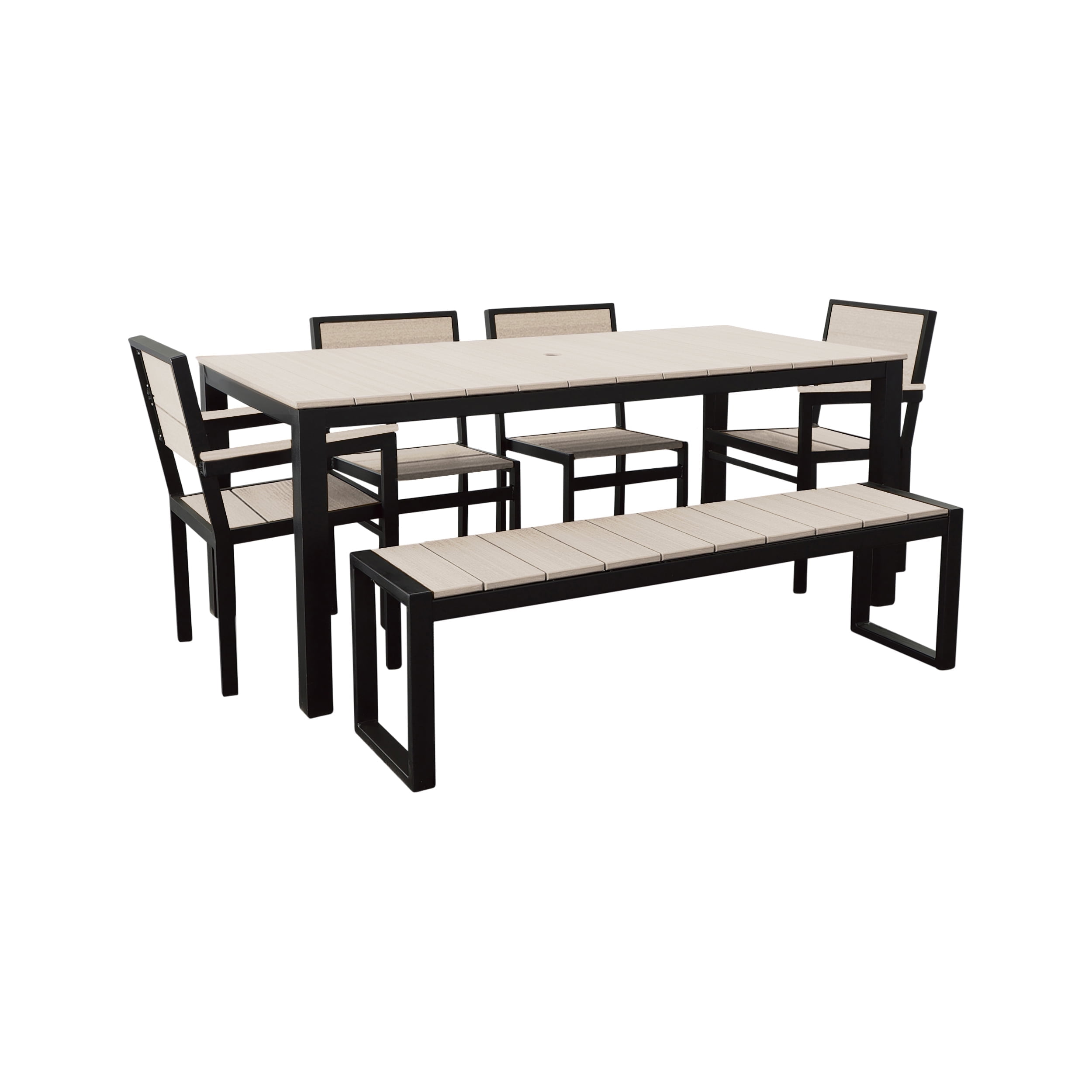 DuroGreen Park City 72" Rectangular 6-Pc Outdoor Dining Set, 1 Table/1 Bench/4 Chairs Made With All-Weather Tangentwood, High End Patio Furniture, Easy Assembly, USA Made, Black with Paper Birch
