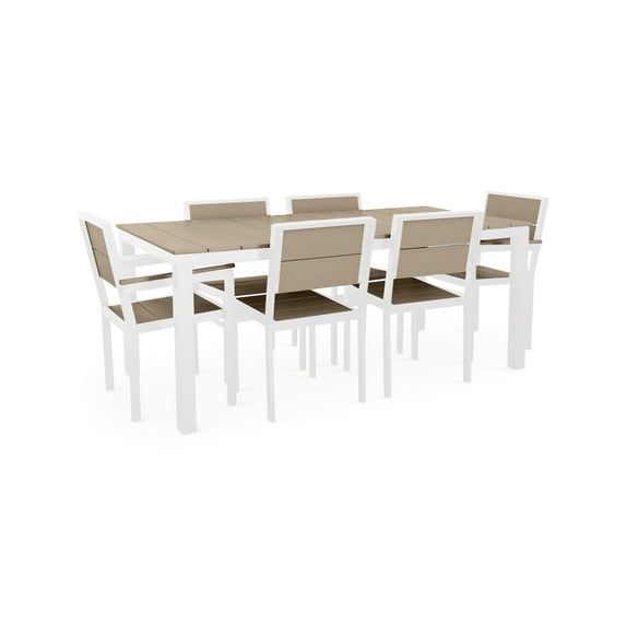 DuroGreen Park City 72" Rectangular 7-Pc Outdoor Dining Set, 1 Dining Table/6 Chairs Made With All-Weather Tangent lumber, High End Patio Furniture, Easy Assembly, USA Made, White with Weathered Wood