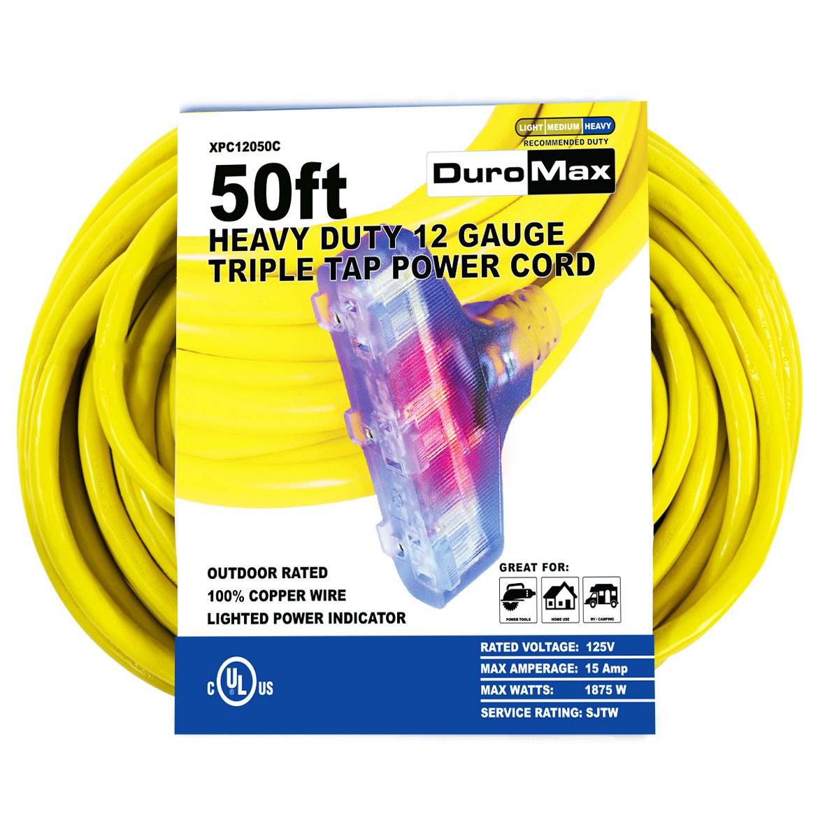 DuroMax XPC12025A 25 Foot 12 Gauge Single Tap Extension Power Cord