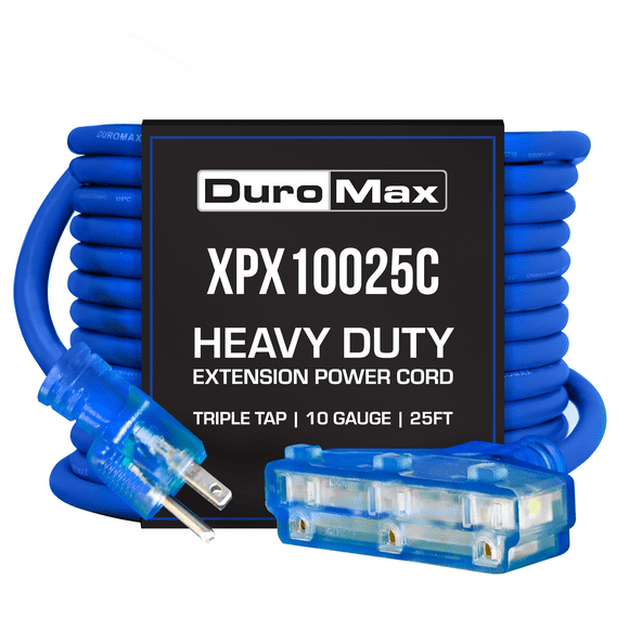 DuroMax XPX10025C Heavy Duty SJEOOW 25-Foot 10 Gauge Blue Triple Tap Extension Power Cord