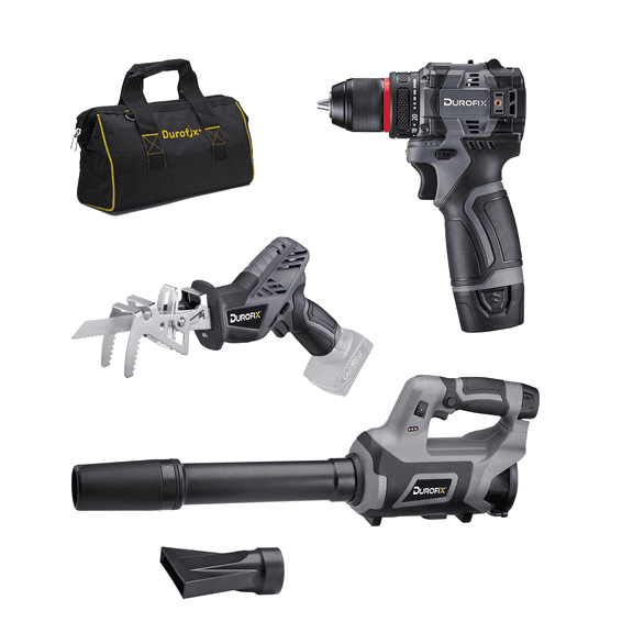 Durofix G12 Series RK12136-2-K1 12V Cordless 3/8" Hammer Drill Power Tool Combo Kit with Reciprocating Cutter, 8-Speed Compact Blower, 1 Battery & Charger