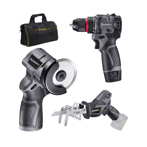 Durofix G12 Series RK12136-2-K2 12V Cordless 3/8" Hammer Drill Power Tool Combo Kit with 3 Inch Compact Cut Off Tool, Reciprocating Saw, 1 Battery & Charger