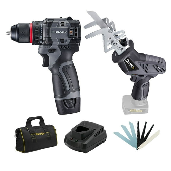 Durofix G12 Series RK12136-2-K4 12V Cordless 3/8" Hammer Drill Power Tool Combo Kit with Reciprocating Saw, 1 Battery & Charger