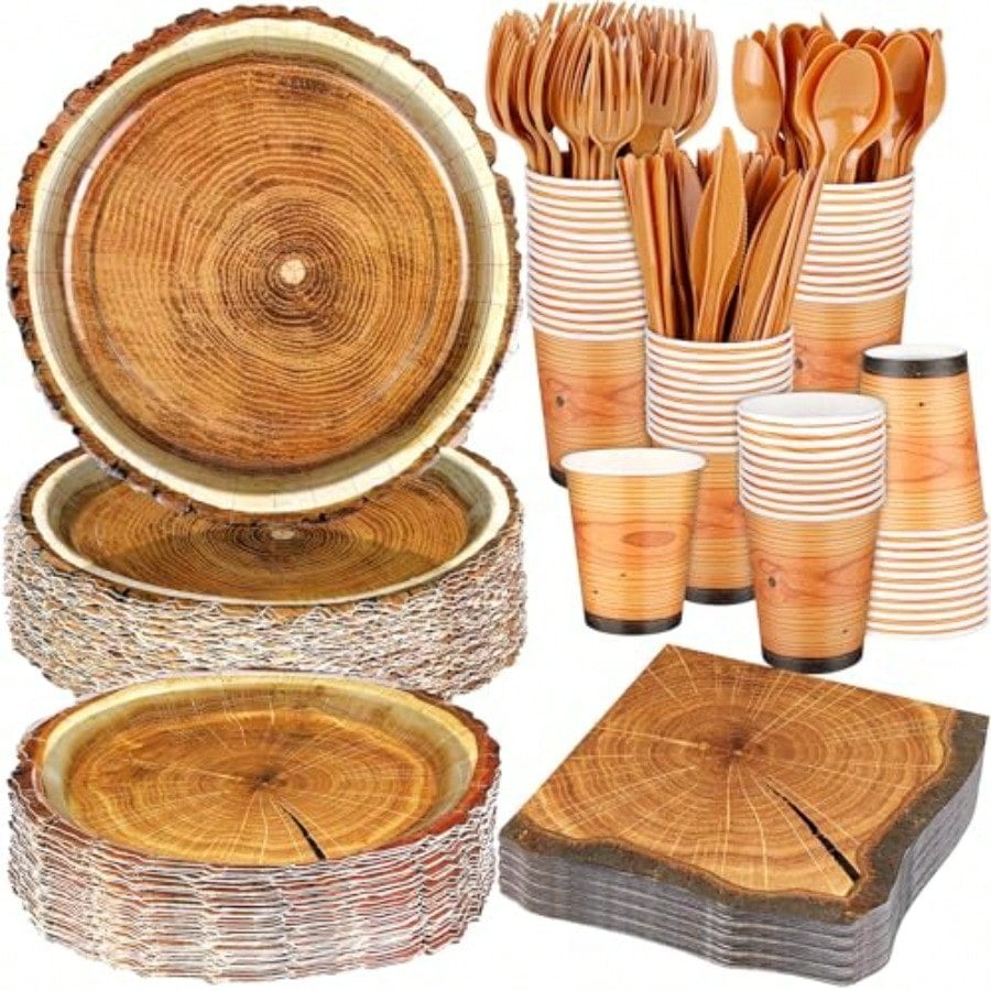 Durony 350 Pieces Camping Wood Grain Slice Tableware Set Rustic Camo Hunter Plates Napkins Cups Cutlery Hunting Birthday Party Decorations Lumberjack Dinner Camping Party Decorations Serve 50 Guests