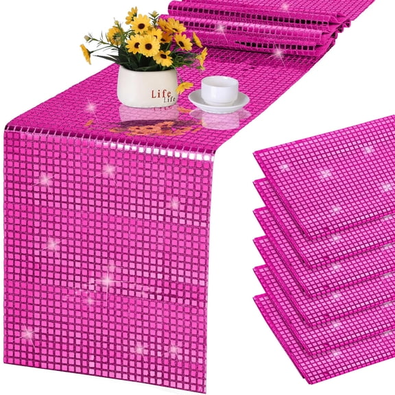 Durony 6 Pack Disco Table Runner 11 x 108 Inch Mirror Hot Pink Glitter Foil With Sparkle Sequin for Bachelorette, 70s, Cowgirl Party Decorations Y101