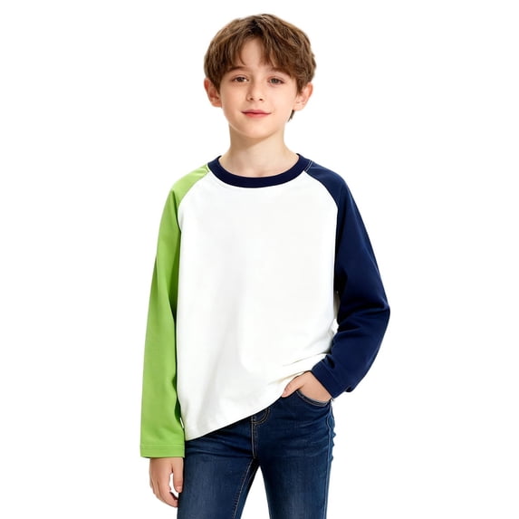 Dursoulink Boys Color-Block Raglan-Sleeve Long-Sleeve T-Shirt Crewneck Pullover with Contrast Shoulder Panels, Sporty Casual, Sizes 110-160