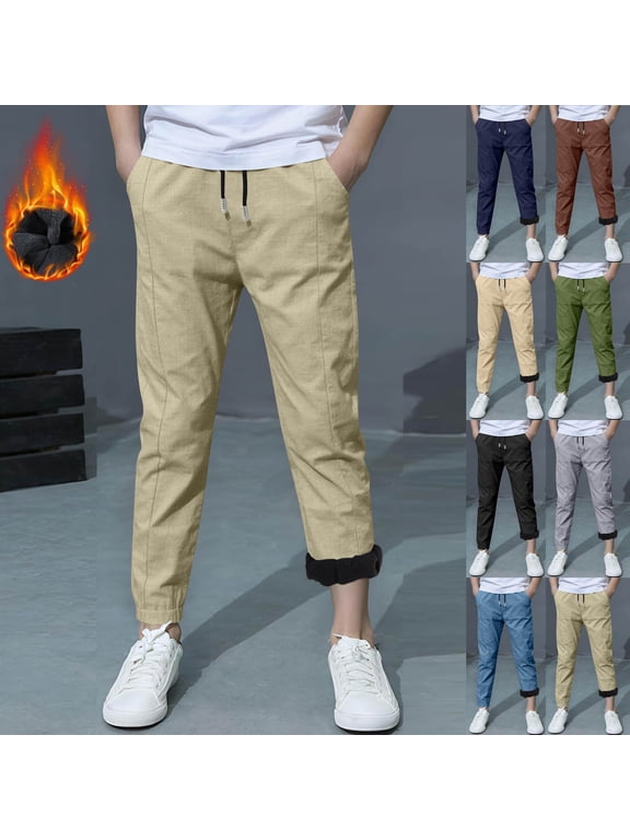 Boys' Cotton-Polyester Blend Fleece-Lined Full-Length Casual Pants for Boys, Slim-Fit Drawstring Waist, Elastic Cuff, Solid Color, Breathable Comfort, Machine Washable