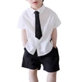 thumbnail image 1 of Dursoulink Boys Summer School Uniform Set White Short Sleeve Shirt Black Shorts Necktie for Kids Daily Wear Holiday Party Performance with Button-Up Front Cotton Blend Sizes 90-150, 1 of 8