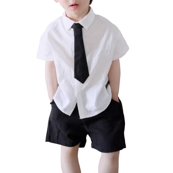 Dursoulink Boys Summer School Uniform Set White Short Sleeve Shirt Black Shorts Necktie for Kids Daily Wear Holiday Party Performance with Button-Up Front Cotton Blend Sizes 90-150
