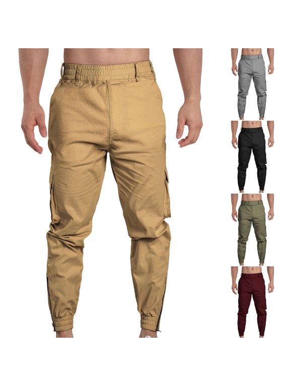 Cargo Pants for Men, Full Length Elastic Waist with Zipper Closure and Multiple Pockets, Cotton Blend, Four Seasons Wear