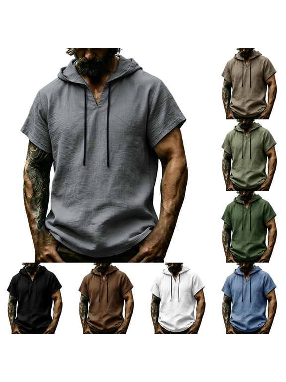 Casual Short Sleeve V-Neck Hooded Top for Men, 100% Polyester, Breathable Fabric, Spring Summer Wear, Standard Thickness, Hand Wash Cold