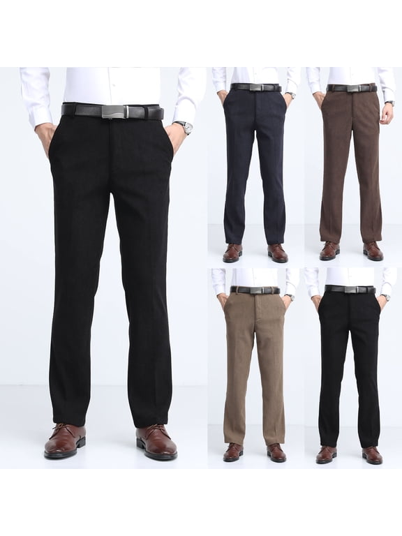 Corduroy Trousers for Men, Straight Cut High Waist Full Length Pants with Button Zipper Closure and Side Back Pockets, Winter Casual Wear
