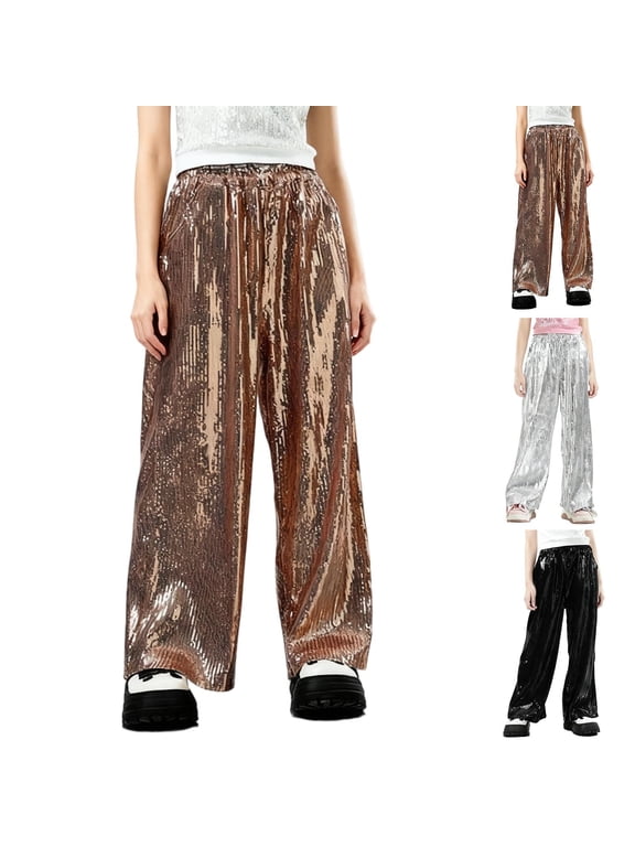 Dance Pants for Girls, Sequined Full Length Pants with Elastic Waistband and Pockets, Wide-Leg Casual Style, Cotton Fabric, Regular Fit