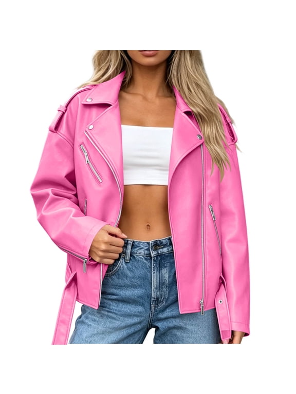 Faux Leather Jacket for Women Biker Zip-Up Long Sleeve Motorcycle Casual Outwear, Sizes S-5XL