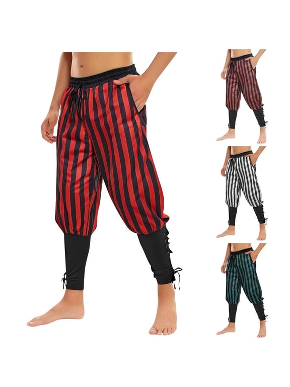Halloween Pirate Pants for Men, Striped Patchwork Cotton-Blend Drawstring Leggings with Functional Pockets, Full-Length Casual Trousers for Outdoor and Daily Wear