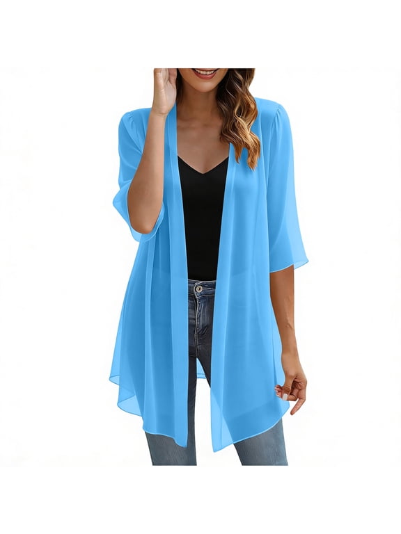 Long Sleeve Cardigans for Women Chiffon Lace Trim Lightweight Jackets with Loose Casual Summer Design