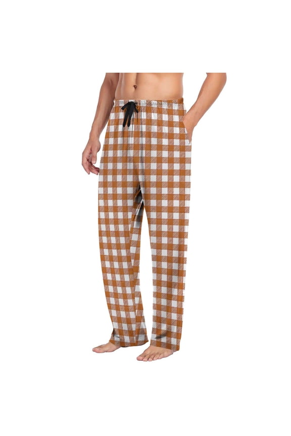 Men’s Green White Checkered Pants, Drawstring Elastic Waist with Side Pockets, Straight Leg Casual Sleepwear Trousers, Sizes S-XXXL
