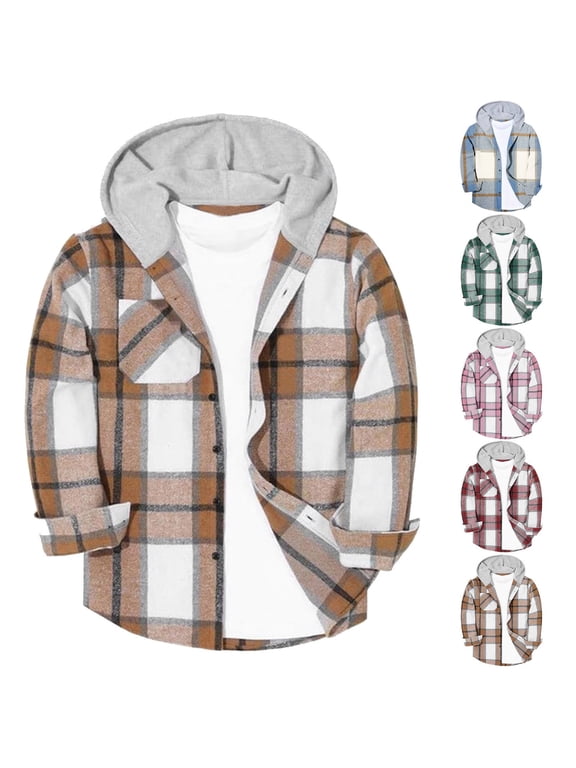 Plaid Hooded Long Sleeve Jacket for Boys and Girls, Soft Brushed Flannel, Front Pocket, Button Closure, Fall Winter Casual Outerwear