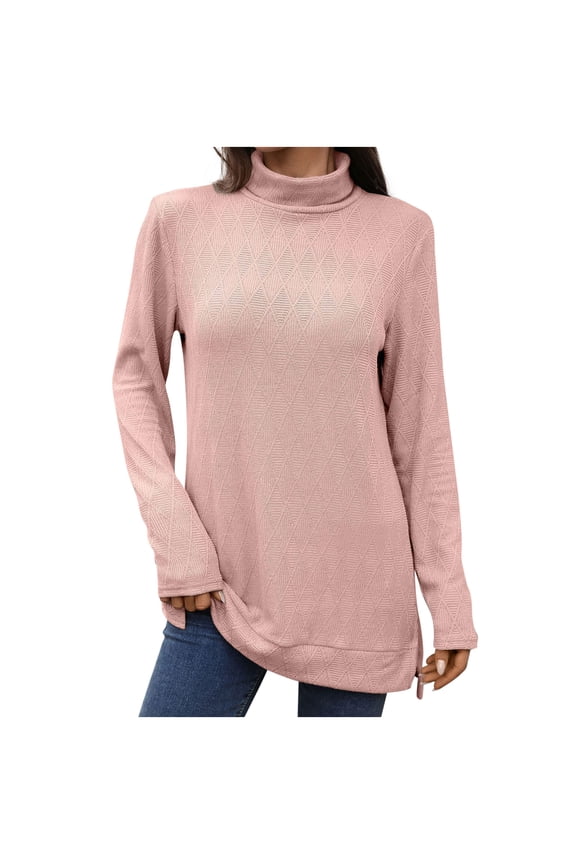 Textured Turtleneck Long Sleeve Tunic Tops for Women High Neck Loose Cut Pullover Blouses with Side Slits Casual Winter Shirts Sizes S-XXL