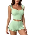 thumbnail image 1 of Dursoulink Women's Mint Ribbed Cami Set, Ruffled Sleeve Top and High-Waist Shorts, Soft Stretch Sleepwear, Sizes S-XXXL, 1 of 6