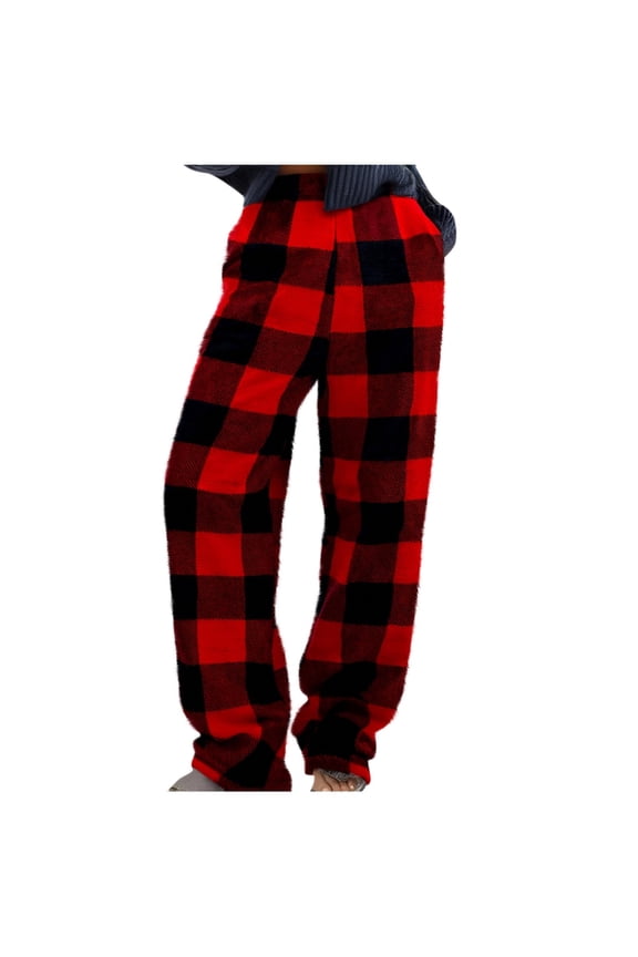 Women's Plaid Fleece Unwind Pants, Winter Elastic Waist Wide Leg Trousers with Flannel Print, Casual Loose Cut Full Length Bottoms, Soft Cozy Sleepwear Pajama Style, Sizes S-5XL