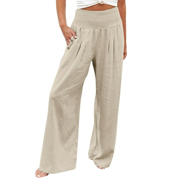 Durtebeua 2024 Women Linen Pants Wide Leg High Waist Lounge Summer Casual Trousers Travel Vacation Z01-Beige,S