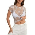 thumbnail image 1 of Durtebeua 2024 Women's Sheer Mesh Short Sleeve Crop Top Crewneck Summer Sexy Lace Y2K See Through Blouse Shirts White,XL, 1 of 5