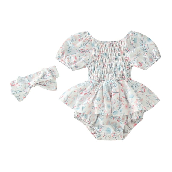 Durtebeua Baby Girl Romper Dress Summer Outfits Flower Daisy Romper Puff Sleeve Dress with Headband White,6-12 Months