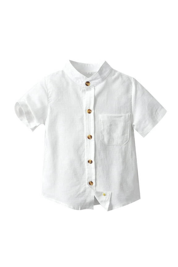 Boys Button Up Henley Shirt Short Sleeve Lightweight Summer Linen Cotton Dress Shirts Tees Tops with One Pocket White,6-12 Months