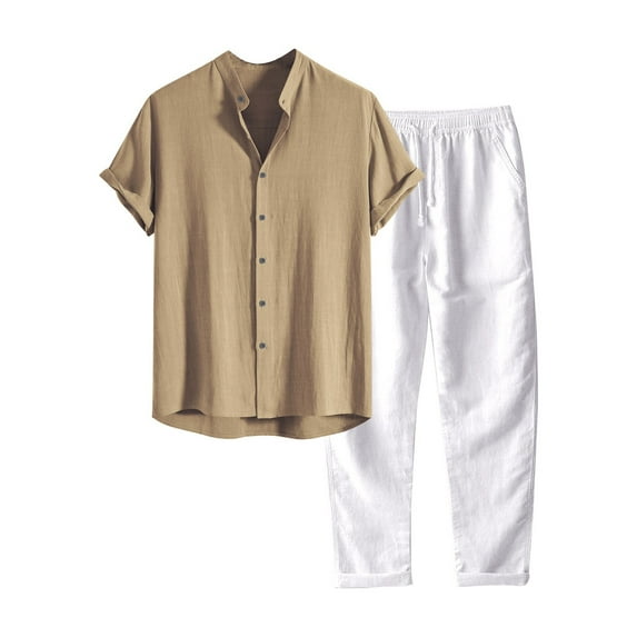 Durtebeua Cotton Linen Sets for Men 2 Piece Short Sleeve Button Down Shirt and Pants Suit Casual Loose Summer Beach Yoga Outfit Khaki,S
