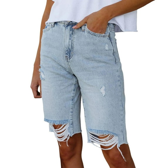 Durtebeua Frayed Denim Shorts for Women Pockets Mid Waist Ripped Hem Jean Shorts Summer Shorts For Women Blue M