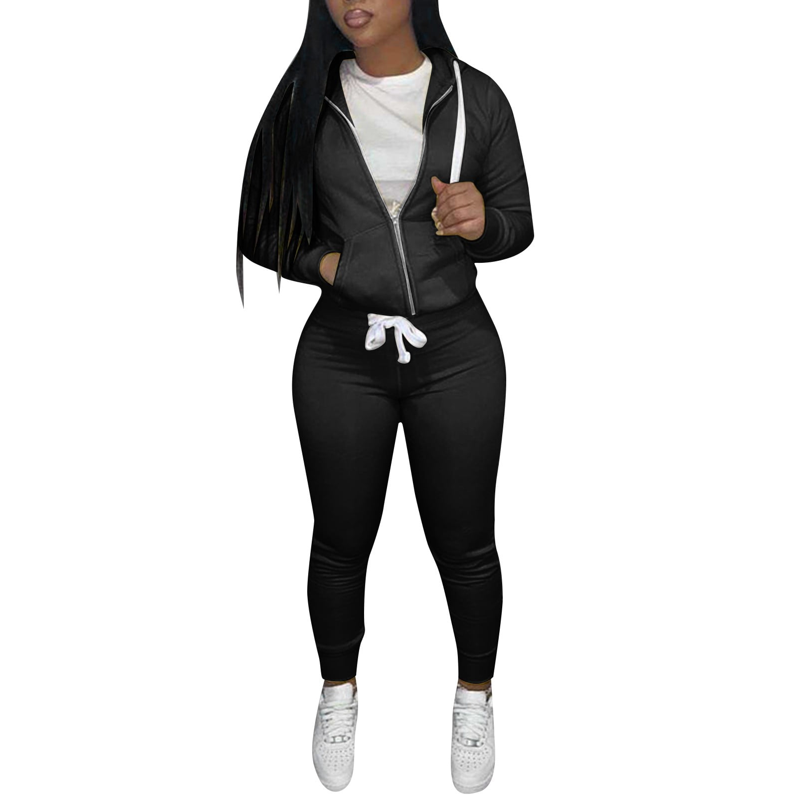Cheibear Womens 2 Piece Outfits Sweatsuit Outfits Hooded Crop Sweatshirt  And Jogger Tracksuit Set Black Large : Target