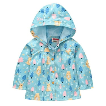 Durtebeua Lightweight Hooded Windbreaker for Toddler Girls - Cartoon Print Jacket for Spring/Fall Light Blue,12-18 Months